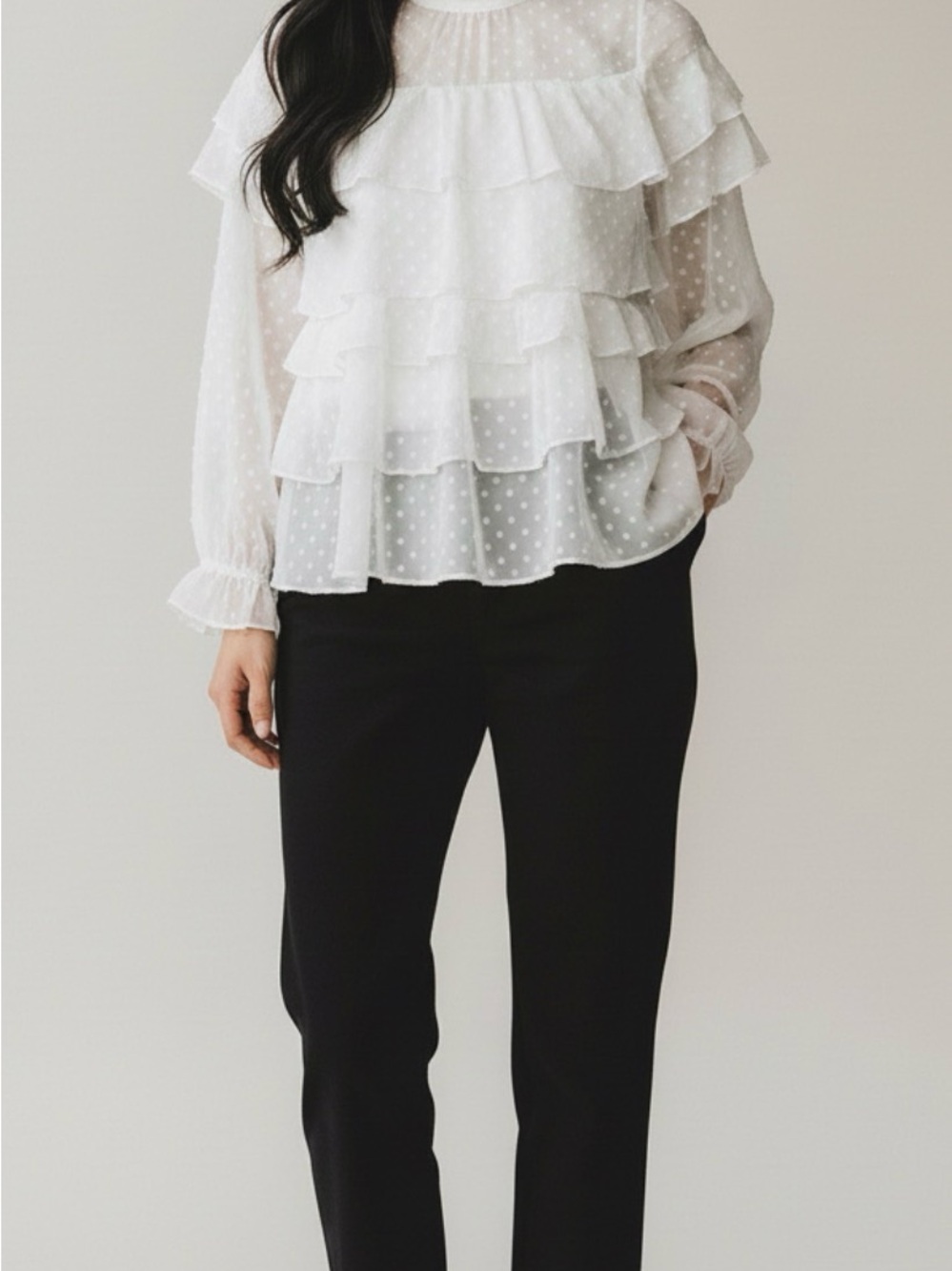 Halogen White Ruffled Swiss Dot Blouse
